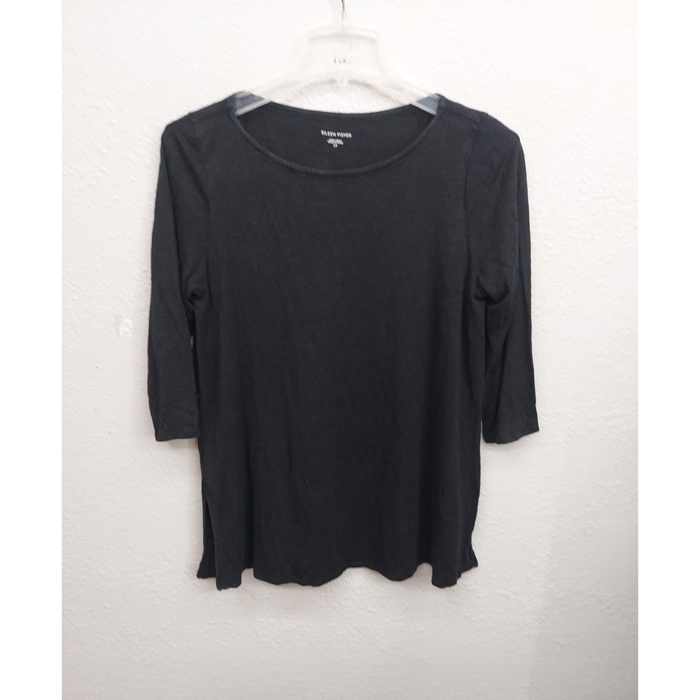 Eileen Fisher Tunic Top Womens Small Black Organic Linen 3/4 Sleeve Slit Hem